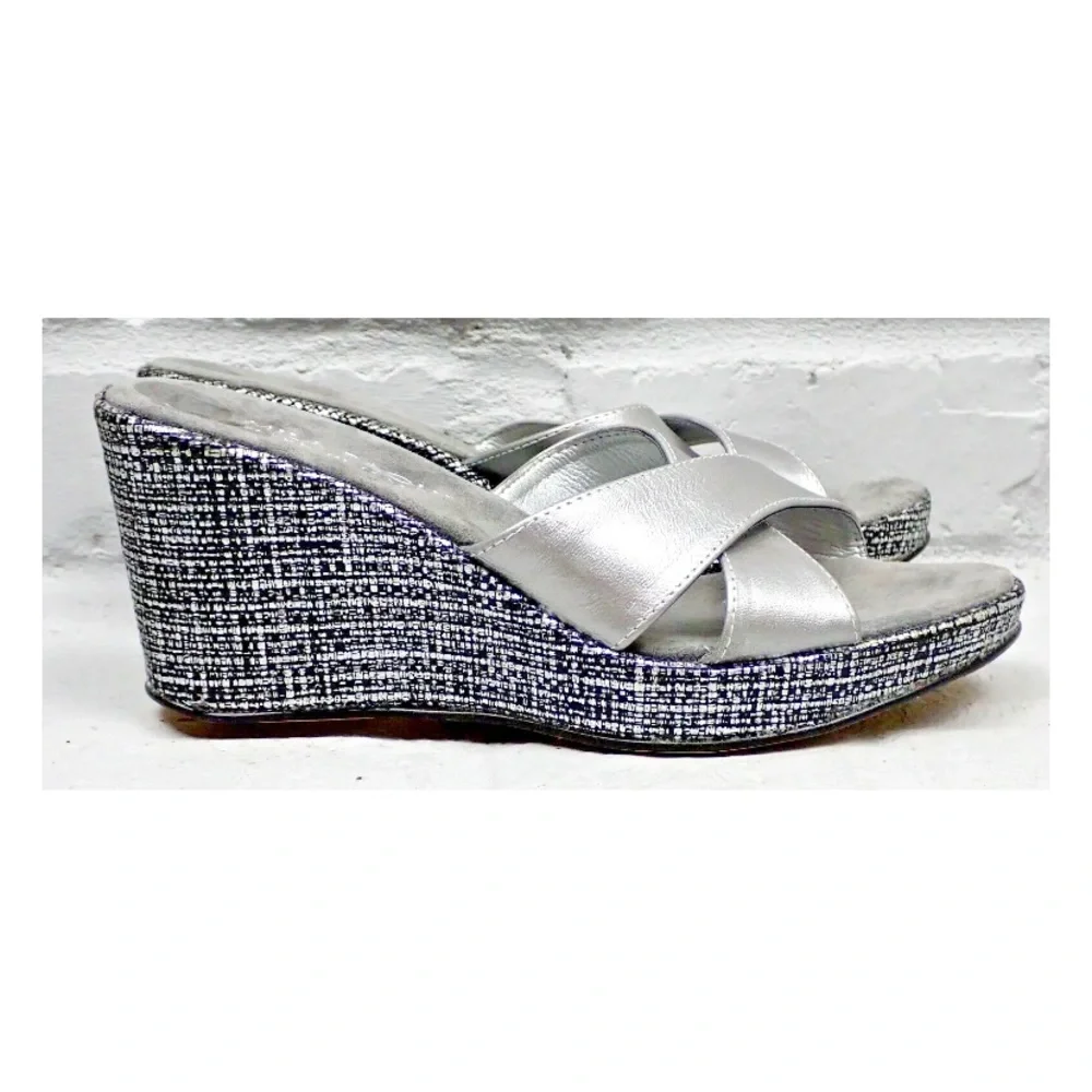 Mila Paoli Wedge Italian Leather Slip On Sandals Gray Womens Size 7.5